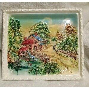 Vintage Bridge Farm Mill Framed Ceramic Tile Country Enesco Japan *Chip